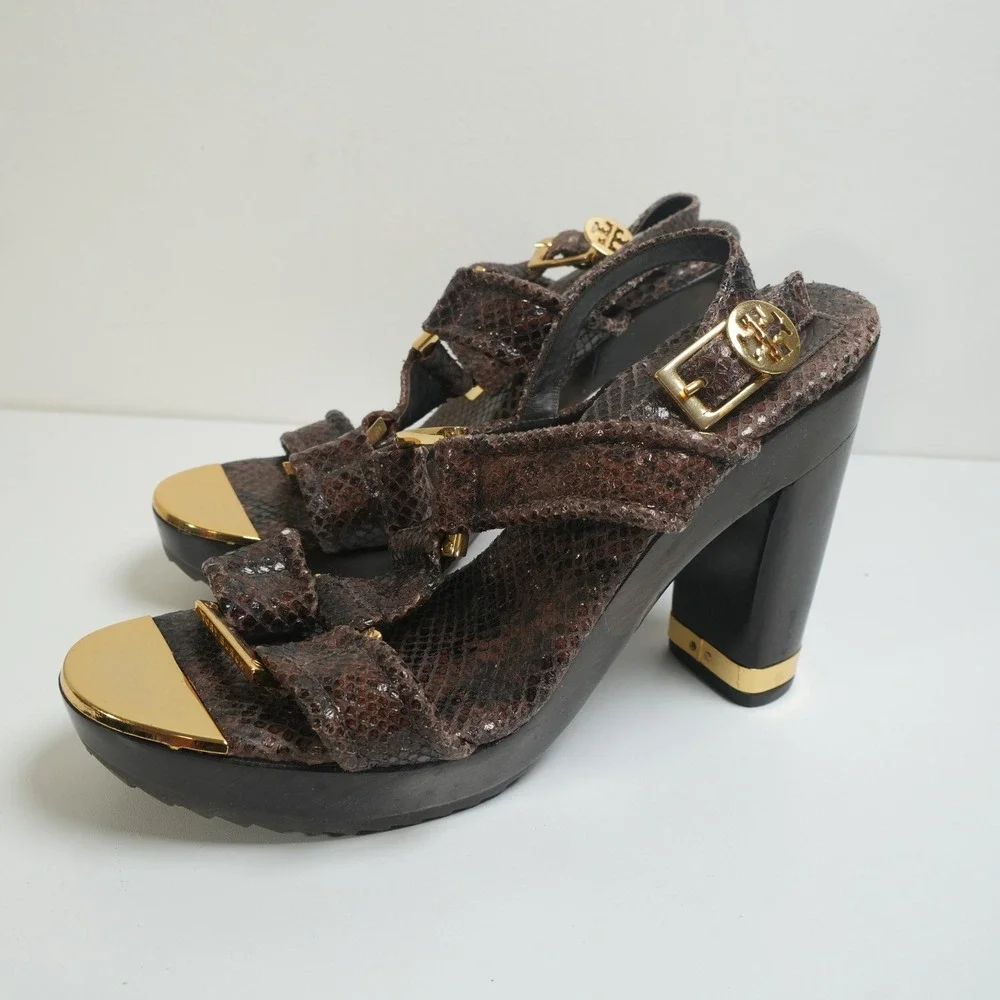Tory Burch Karmen Platform Sandals 7M Brown Snakeskin Wood Block Heel Gold